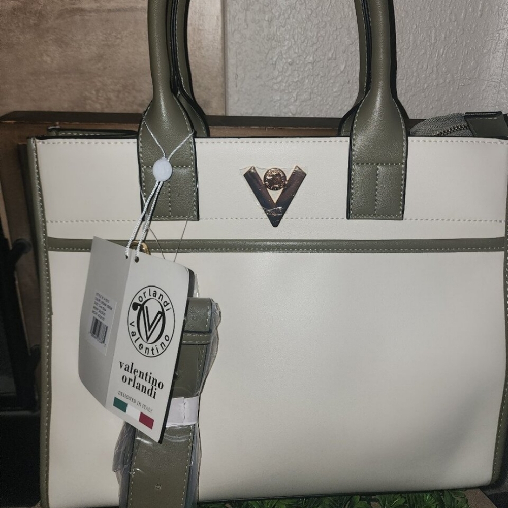 Spring Special!  Valentino Orlandi Cream and Olive Satchel with Crossbody Strap